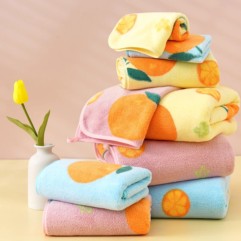 CoralFleecePrintOrangeAdultKidsNoSheddingTowelBigBathTowel