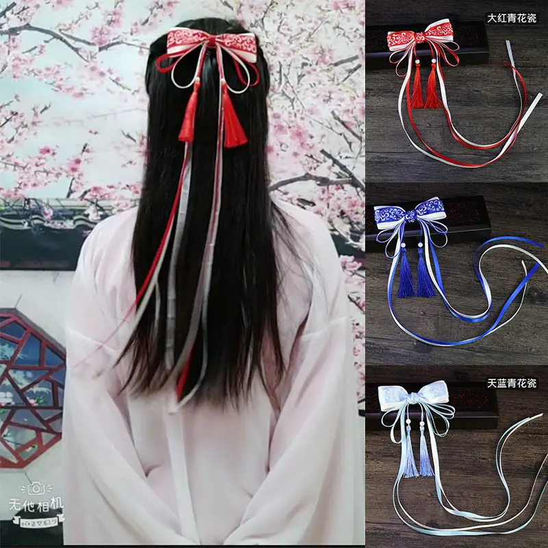 

NEW Retro Chinese Style Blue And White Porcelain Bows Ribbon Hairpin Women Hanfu Tassels Hair Accessories Children's Hair Clip