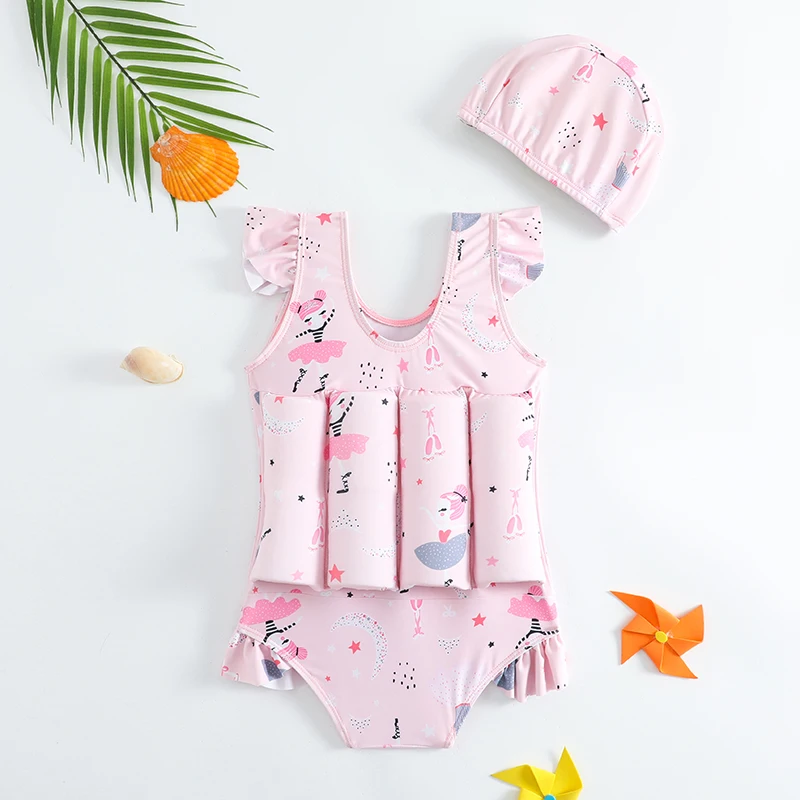 Children Buoyancy Swimsuit Kids Ruffles Sleeveless Swimming One Pieces with Cap Floating Swimming Wear