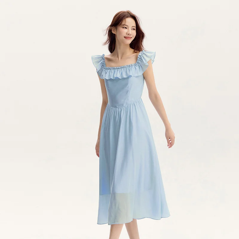 Bodycon Dress Women Slim Fit With Ruffled Hem Summer New Short Flutter Sleeves And Gentle Mid-Length Dress