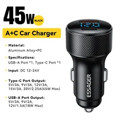 Dual - Port 45W USB - C Car Charger with PD3.0 & QC3.0 and Digital Display - Black