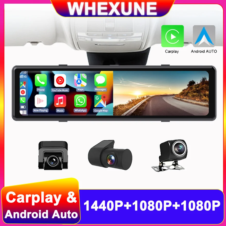 12 Pollici 3Chs Specchietto Retrovisore 2.5K Wireless Carplay Android Auto Car Dvr 1440P Dashcam Camera Wifi Navigatore Gps Registrazione Video