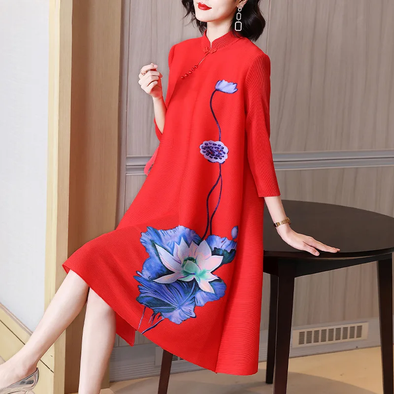 

Summer 2022 New pleated Chinese printed three-quarter sleeve dress