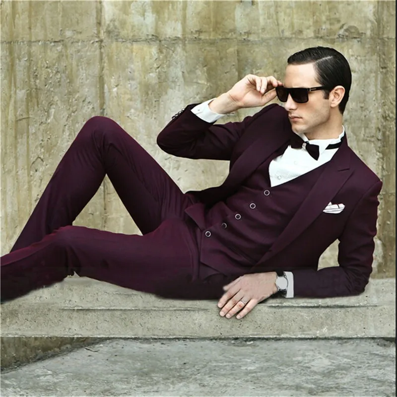 Slim Fit Burgundy Men's Dinner Party Prom Suit Groom Tuxedos Groomsmen Wedding Blazer Men Suit (Jacket+Pants+Vest)