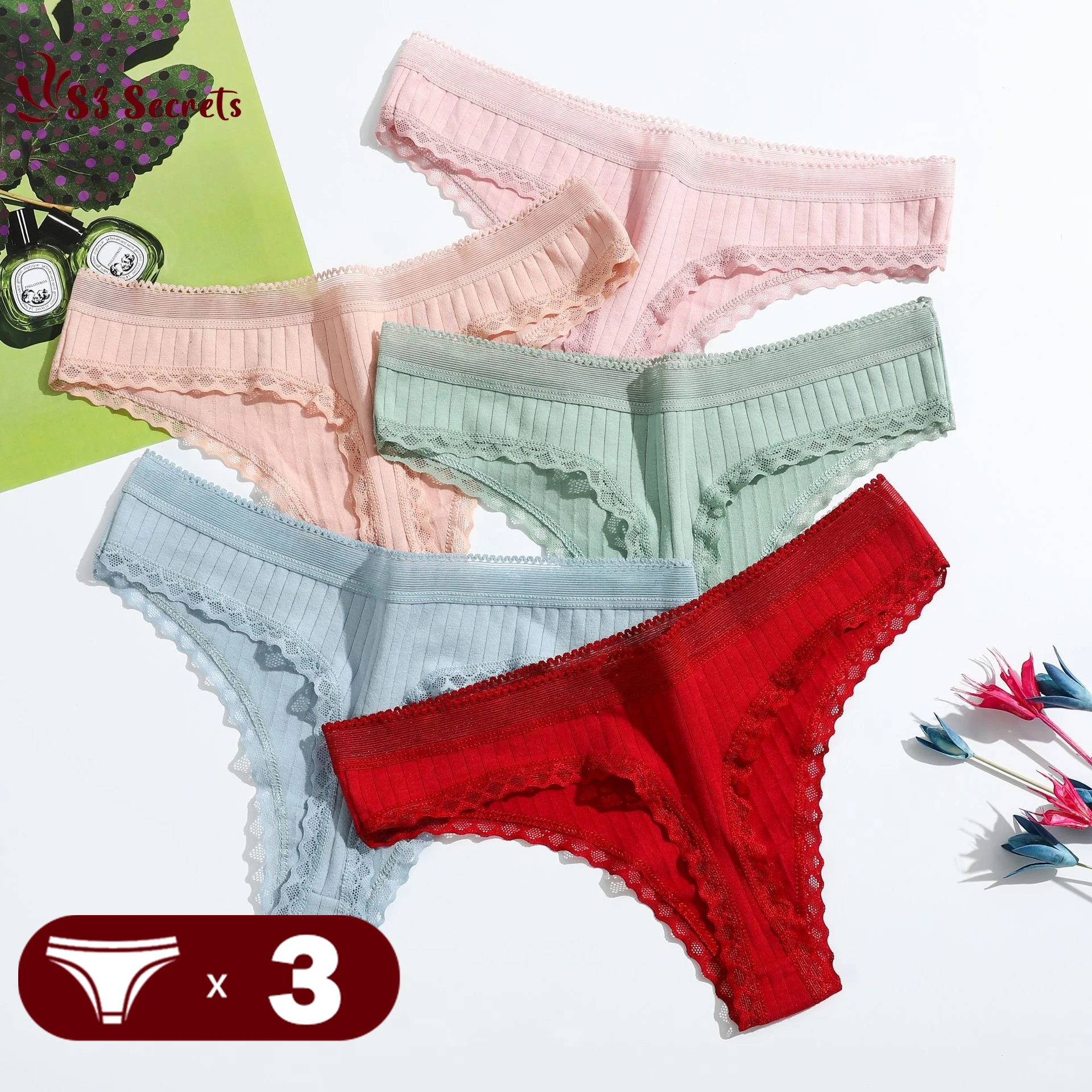 

3Pcs/Lot Cotton Panties Sexy Female Underpants Thong Solid Color Women Lingerie Low-Rise Lace Trim G-String Sexy Briefs M-XL