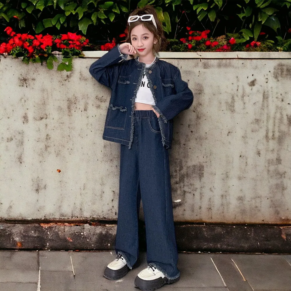 

Baby Girl Outfits Suit Teenagers Denim Sets Kids Clothes Long Sleeve Blue Traclsuit School Uniform Spring Fall 4 6 8 10 12 Years