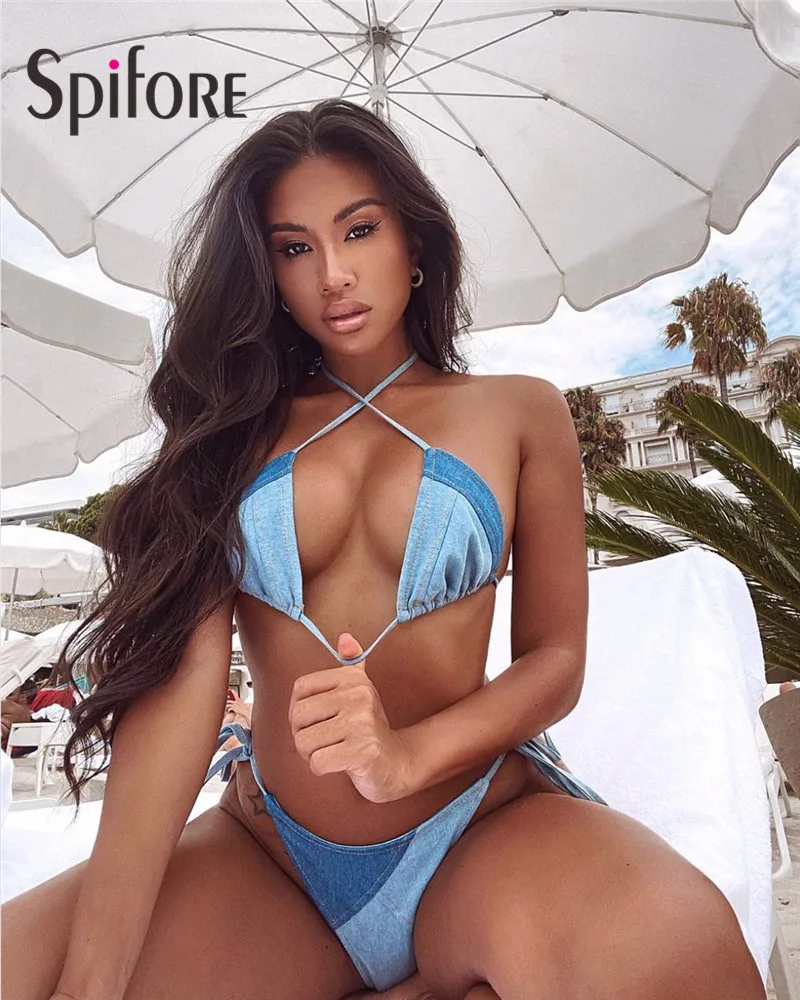 Spifore Summer Push Up Denim Women Swimsuits Sexy Backless Lace Up Two  Piece Bikinis Set Holiday Beachwear Swimming Bathing Suit - AliExpress