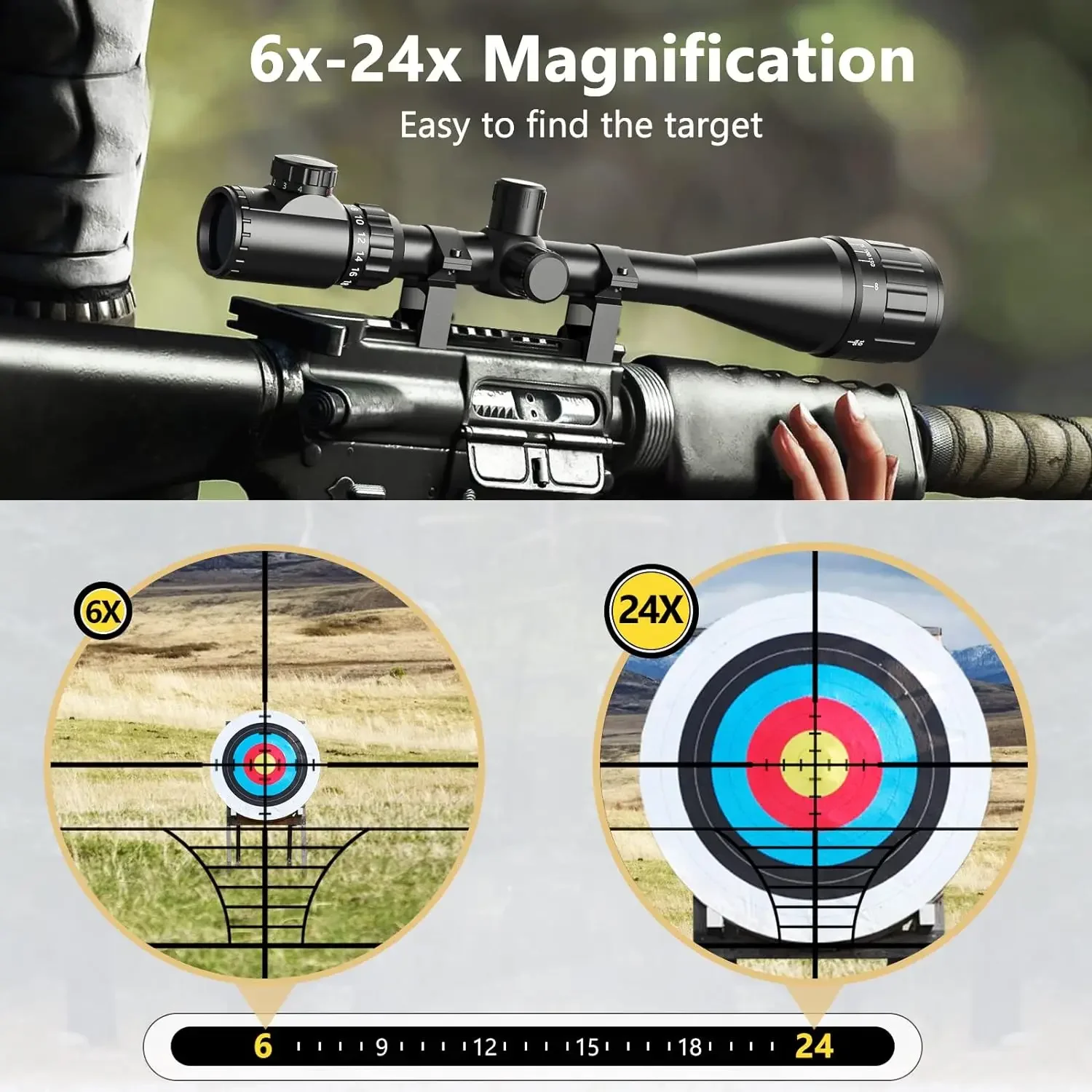 Riflescope 6-24x50 AOE Optical Hunting Scope Red and Green Illuminated With 11mm Dovetail Rings
