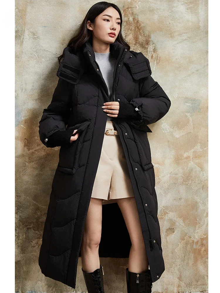 2023 Winter long down jacket women simple and warm 90 white duck down hooded over-the-knee padded coat women