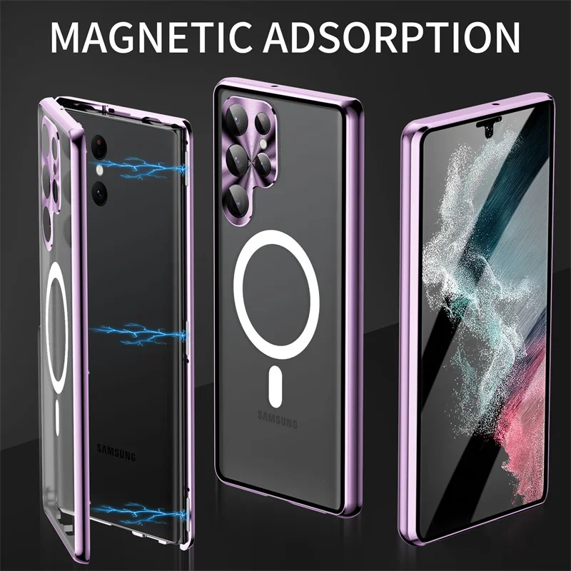 For Samsung Galaxy S23 S24 S22 Ultra Case Magnetic Magsafe 360 Full Screen Glass Metal Aluminum Alloy Frosted Protection Cover