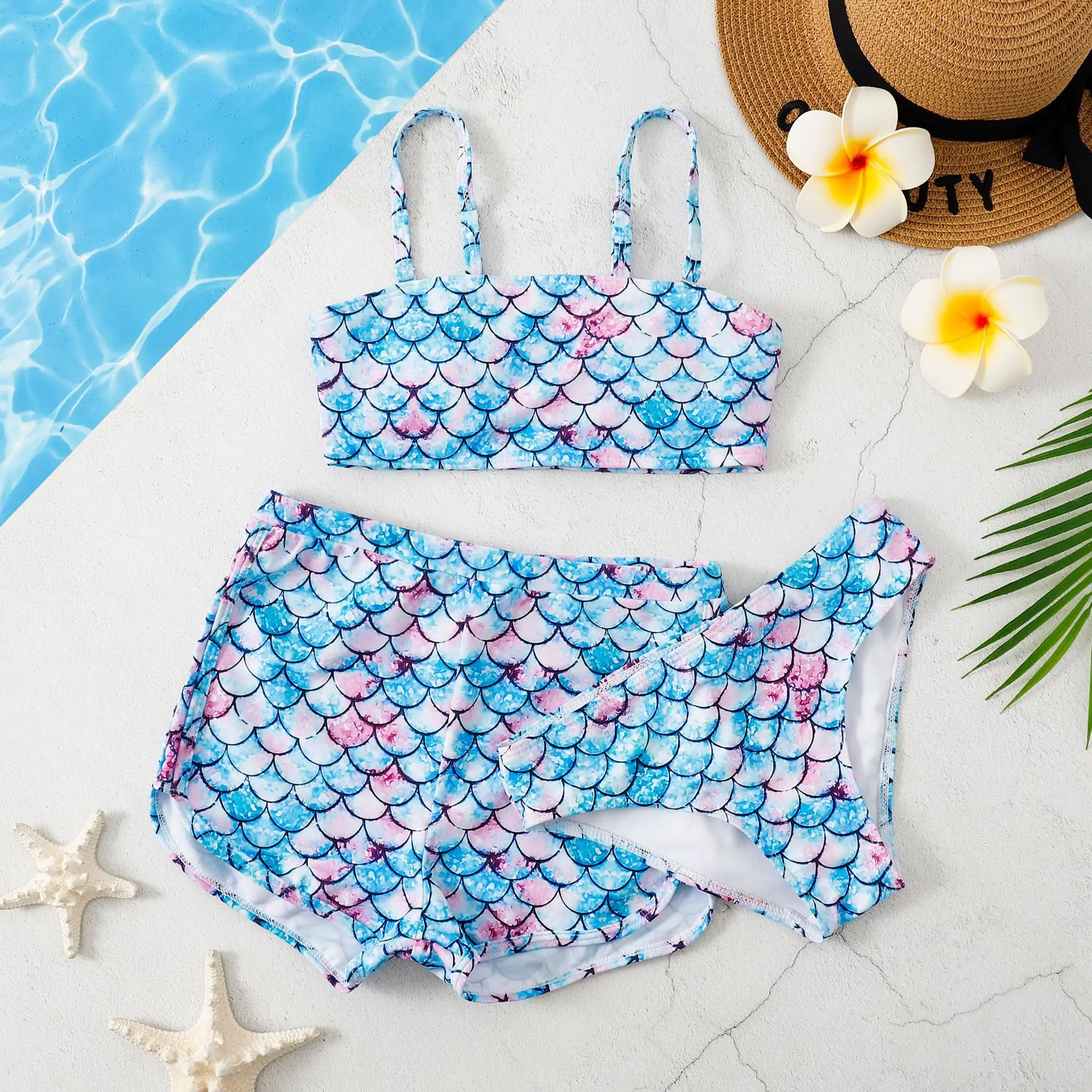 Girls 3pack Coconut Palm Print Bikini Sets with Shorts Trunks Kids Swimsuit 7-12 Years Children's Swimwear Bathing Suit