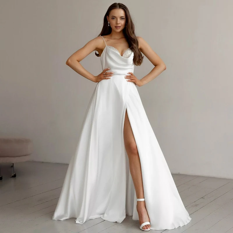 

Sweetheart Simple Spaghetti Straps Beads Slit Pleats Zipper Satin A-Line Bridal Gown Wedding Dress Vestidos De Novia