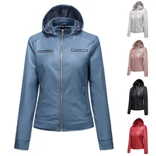 

Leather Jacket Women Detachable Hooded 2022 Autumn Winter New Fashion Short Slim Casual Female Moto Clothing With Zipper Pockets