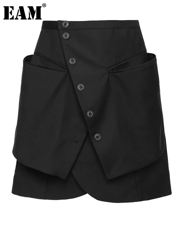 

[EAM] High Waist Black Irregular Button Spliced Pocket Mini Half-body Skirt Women Fashion Tide New Spring Summer 2024 1DH5647