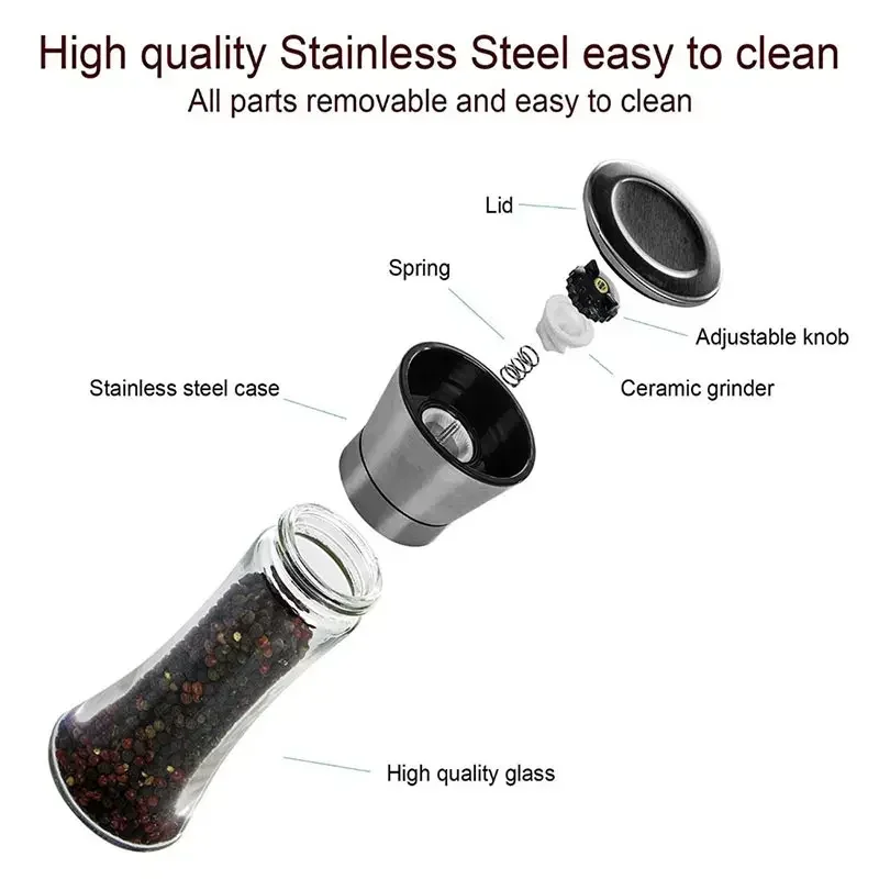 304 Stainless Steel Salt and Pepper Grinder,With Steel Frame,Spice Shakers,Manual Grinder,Kitchen Seasoning Bottle,Grinding Tool