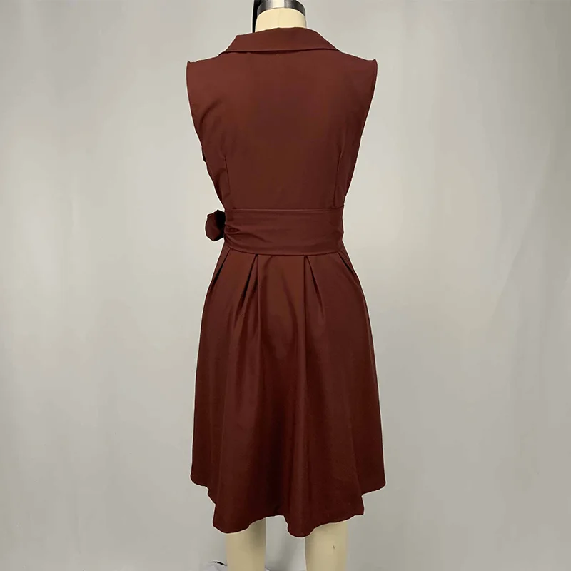Summer Clothes for Women Polo-Neck Solid Lacing A-line Skirt Fashion Splice Pockets Sleeveless High Waist Plus Size Midi Dress