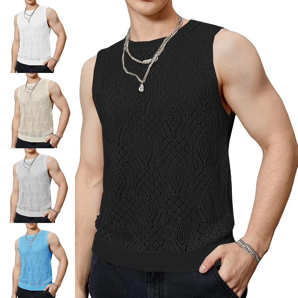 Description Picture 2 of itemStreetwear Vest Fashion Hollow Out Mesh Knitted Tanks Men Polyester S-2XL Streetwear Summer Sleeveless Tank Top