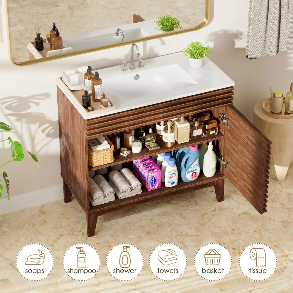 36" Bathroom Vanity with sink,Freestanding Vanity sink with Storage, Particleboard Frame with Wood Grain Laminate, Walnut 3