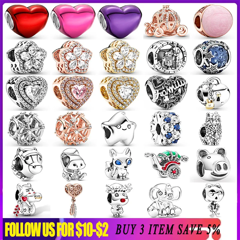 

925 Sterling Silver Family Heart Star Cherry Blossoms Cute Animals Beads Fit Original Pandora Charm Bracelet Women Diy Jewelry