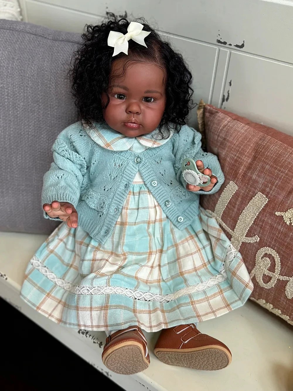 22in African Girl Reborn Baby Doll With Hand-Rooted Hair Dark Skin