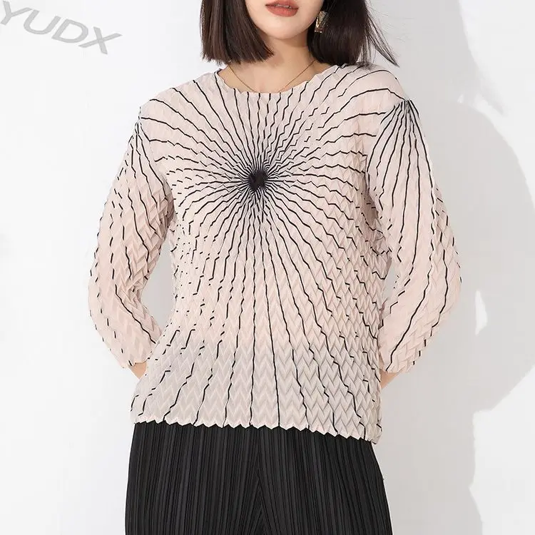 

Женская плиссированная рубашка, Свободный пуловер с круглым вырезом и принтом в полоску, весна-осень 2023