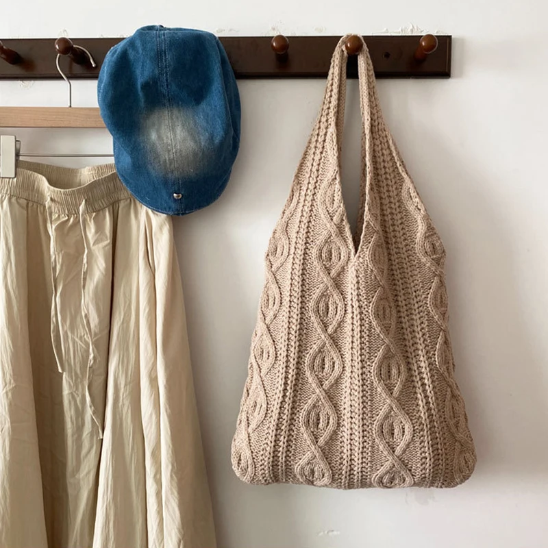 Women Crochet Shoulder Bag Large Capacity Solid Color Crochet Tote Bag Multifunctional Knitted Shopping Bag Casual Commuting Bag