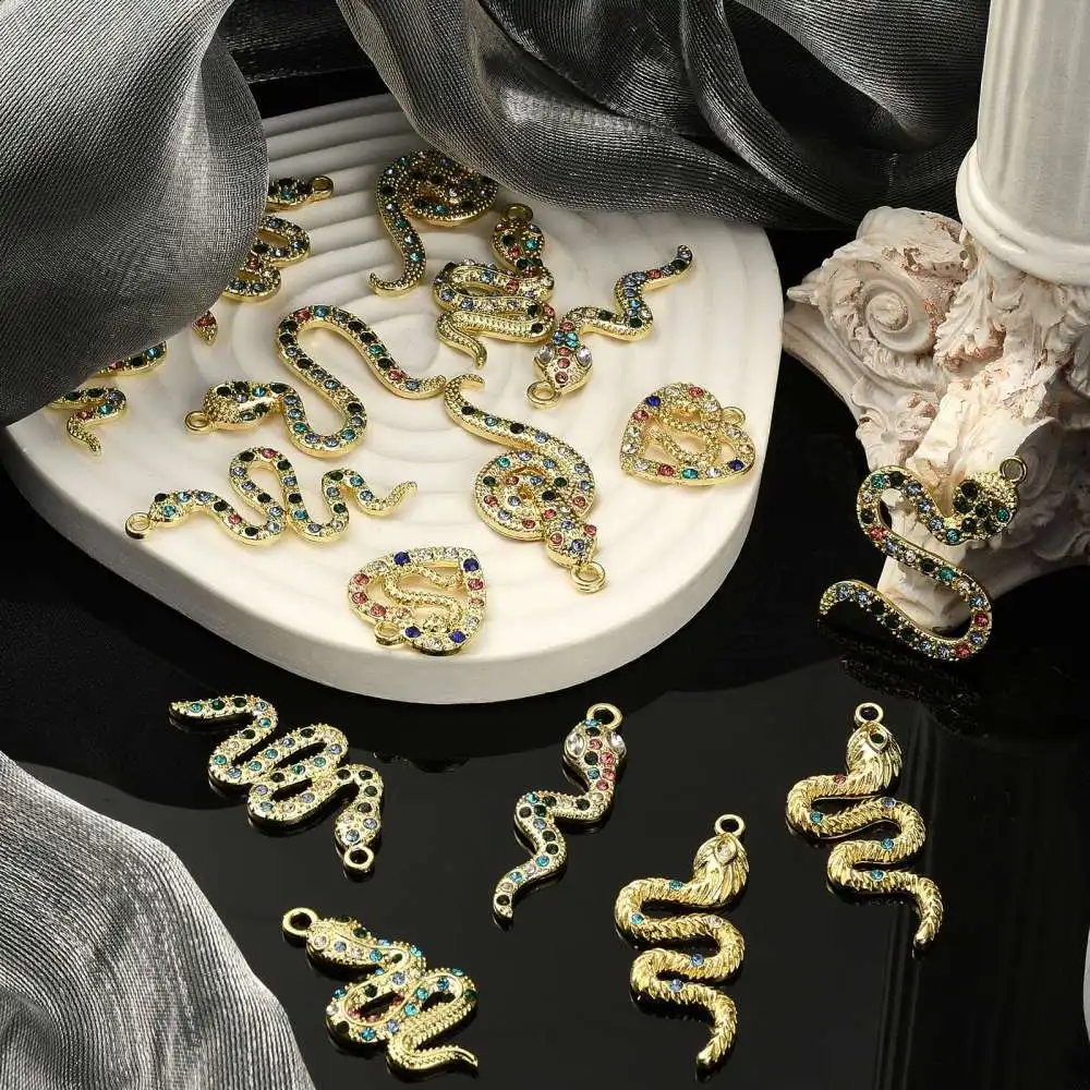 16 Pcs 8 Styles Stylish Rainbow Rhinestone Cobra Snake Charms LightGold Animal Charm for Necklace Bracelet Jewelry Making