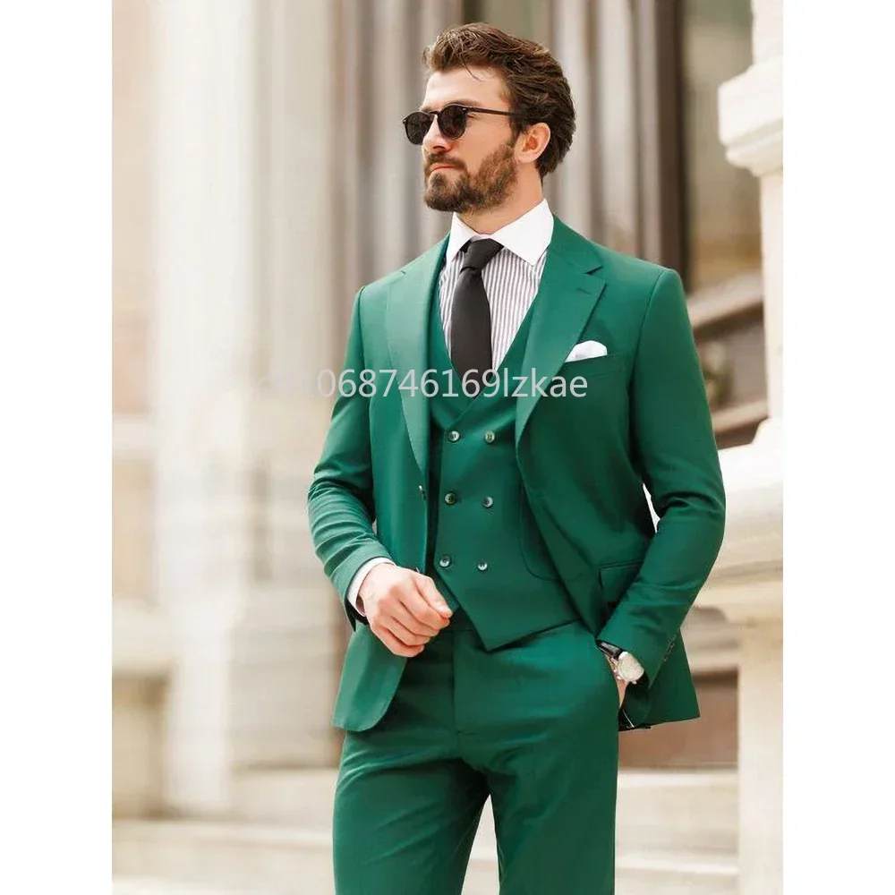 

Green Men Suits 3 Piece Jacket Pants Solid Color Customized Vest Notch Lapel Single Breasted Wedding Groom Outfits