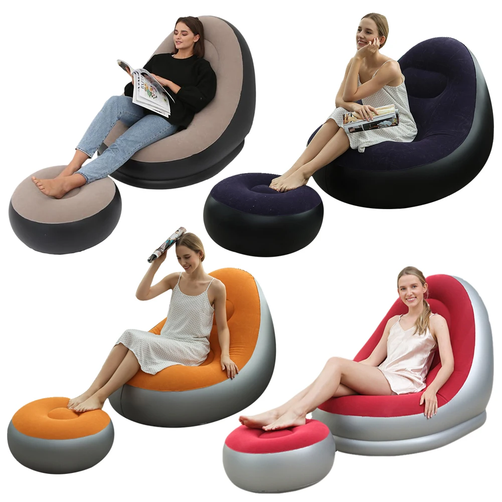 PVC Flocking Inflatable Couch Blow Up Lounger Chair Foldable Recliner for Balcony Backyard Camping Picnic RV