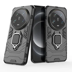 Durable Armor Shockproof Case with Metal Ring Stand & Bumper Protection for Xiaomi 14 Ultra 5G (Black)