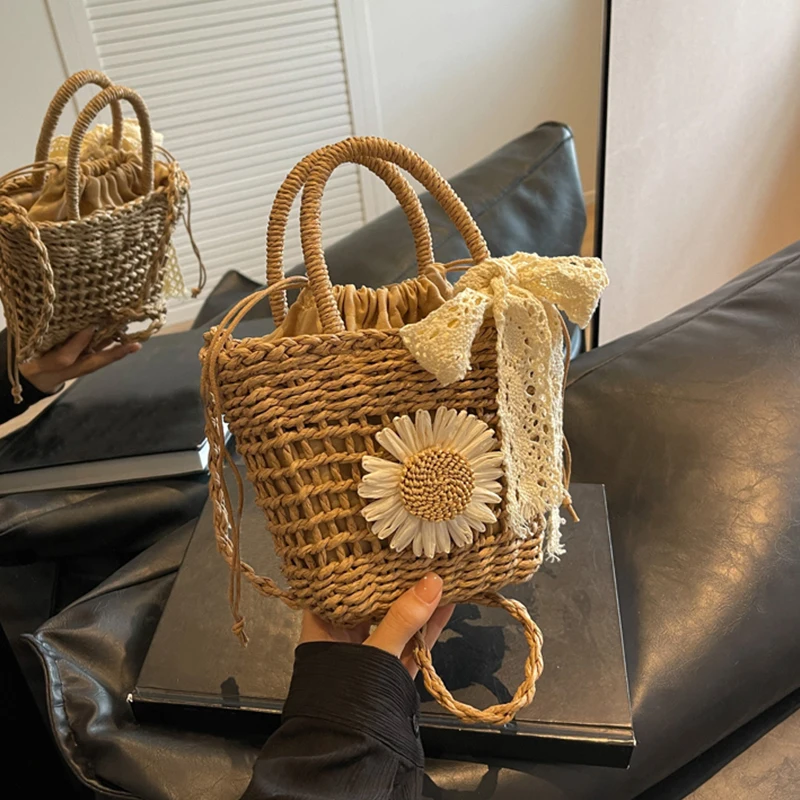 Luxury Designer Lace Bow Straw Weave Women's Handbag casual Crossbody Bag Small Bucket Tote Summer Beach Bag