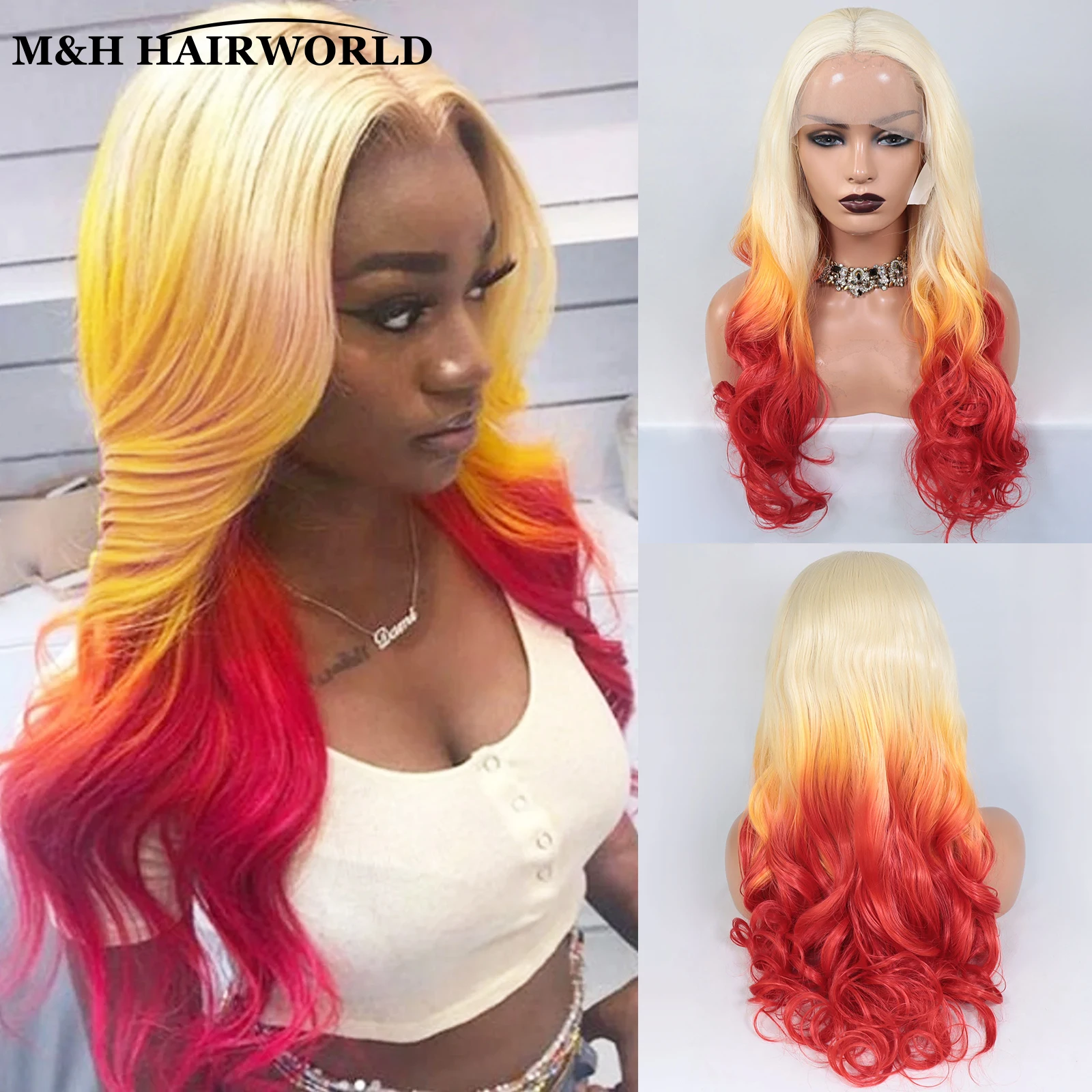 

613 Blonde Ombre Orange Red Synthetic Lace Front Wigs For Women Cosplay Long Curly Heat Resistant Hair Wig Glueless Frontal Wigs