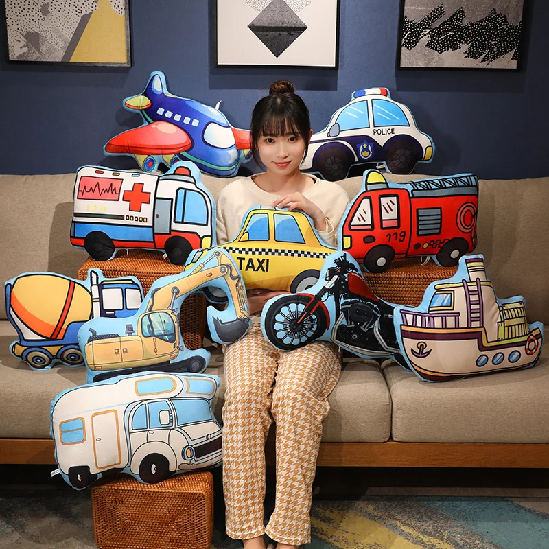 Cartoon Police Car Fire Truck Excavator Plush Toys Stuffed Doll Hug Pillows Chair Cushion Kids Children Boys Gifts Room Decor plush toys chair cushion