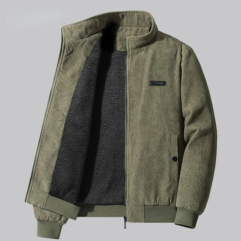 Winter Men Jacket Fleece Lined Bomber Jacket Vintage Corduroy Coat Zipper Long Sleeves Warm Windbreaker Casual Loose Outerwear