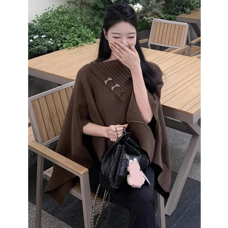 Autumn and Winter New One-word Shoulder Bow Solid Color Women's Sweater Elegant Fashion Loose Cape Coat Knitwear Pullover Top