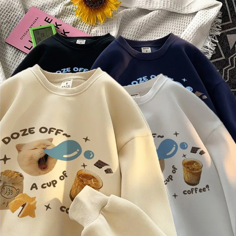 Men And Women Vintage Cat Print Personalized Graphic T-Shirt Couple Fashion Loose Casual Long Sleeve Harajuku Thick