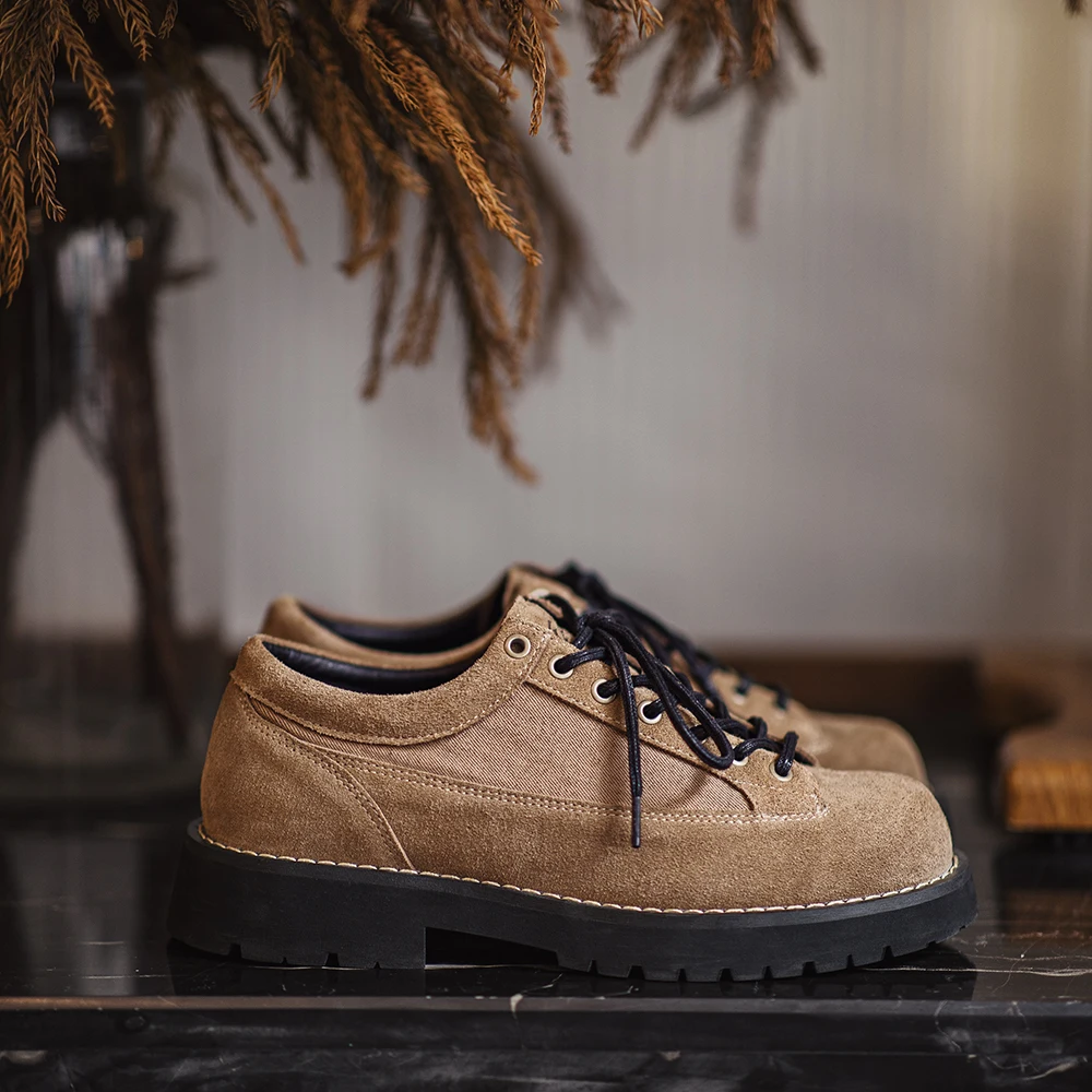 Maden Vintage Cow Suede Shoes Lace-up Thick-soled Low-cut Work Shoes Casual Leather for Men's Fall and Winter Dress