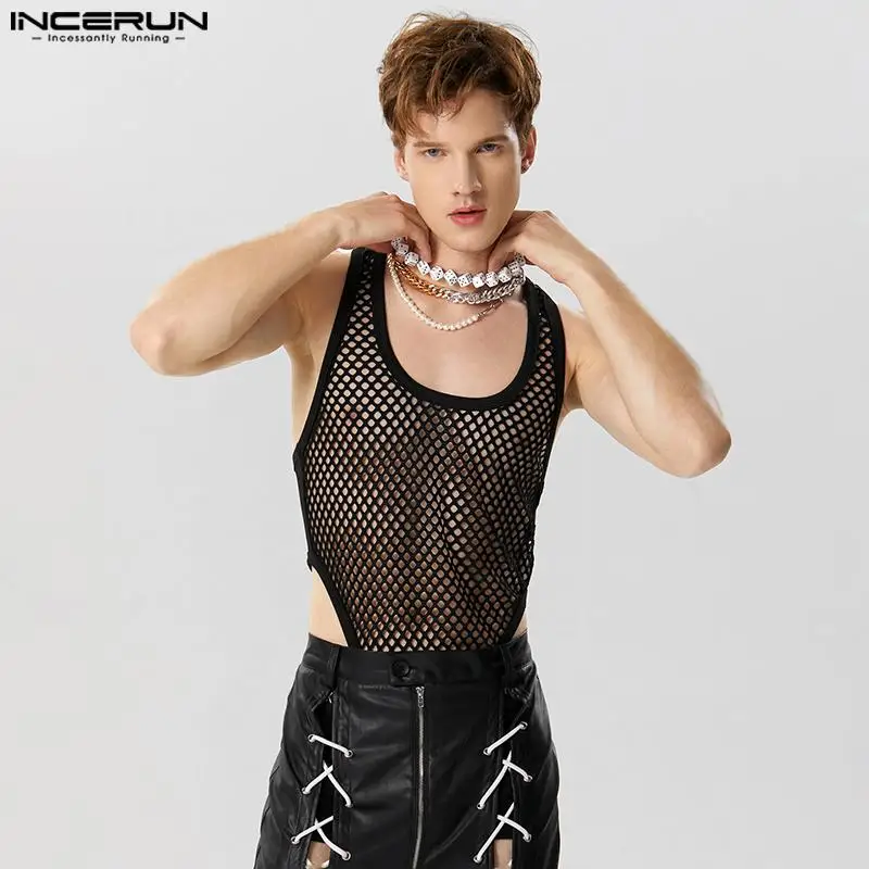 

Sexy Fashion New Men's Bodysuits Hollow Mesh Patchwork Design Rompers INCERUN High Fork Triangle Sleeveless Jumpsuits S-5XL 2023