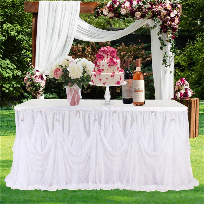 Hanging Drill White Table Skirt Wedding Decoration Home Birthday Party Table Halloween Scene Layout Tutu Fluffy Gauze Skirt