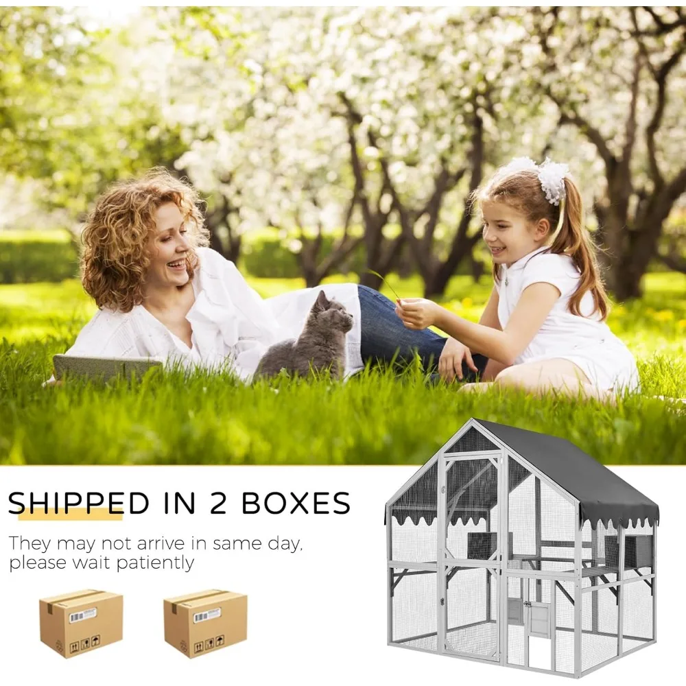 Outdoor Cat House Large for Multiple Cats, Wooden Cat Condo Cage for Outside with Waterproof Roof, Playpen, Resting Box