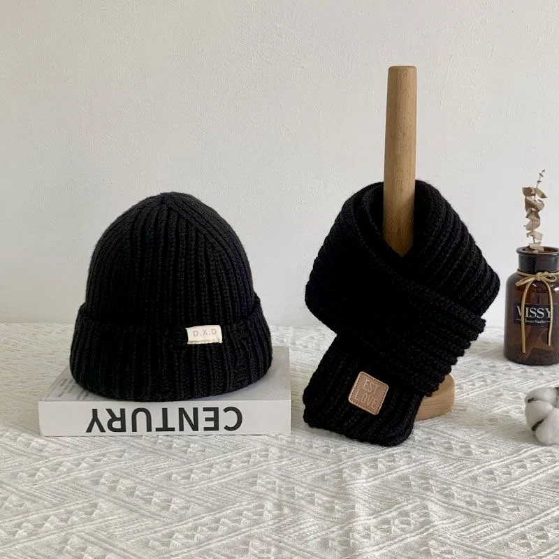 Hats Boys and girls autumn and winter warm scarf two-piece thick windproof woolen hat
