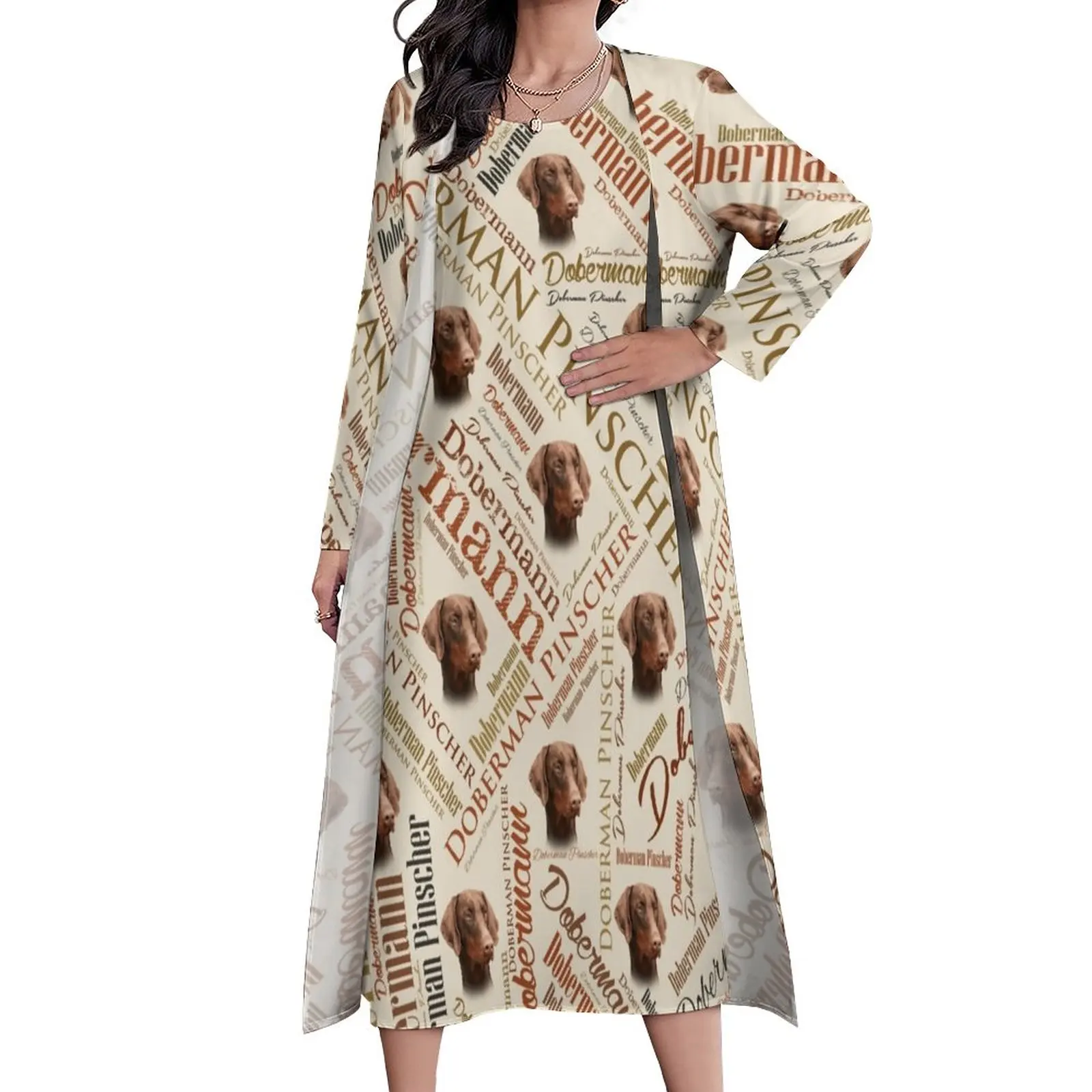 

Dobermann Word Art Dress Dog Letter Print Elegant Maxi Dress Two-Piece Graphic Casual Long Dresses Aesthetic Big Size Vestido