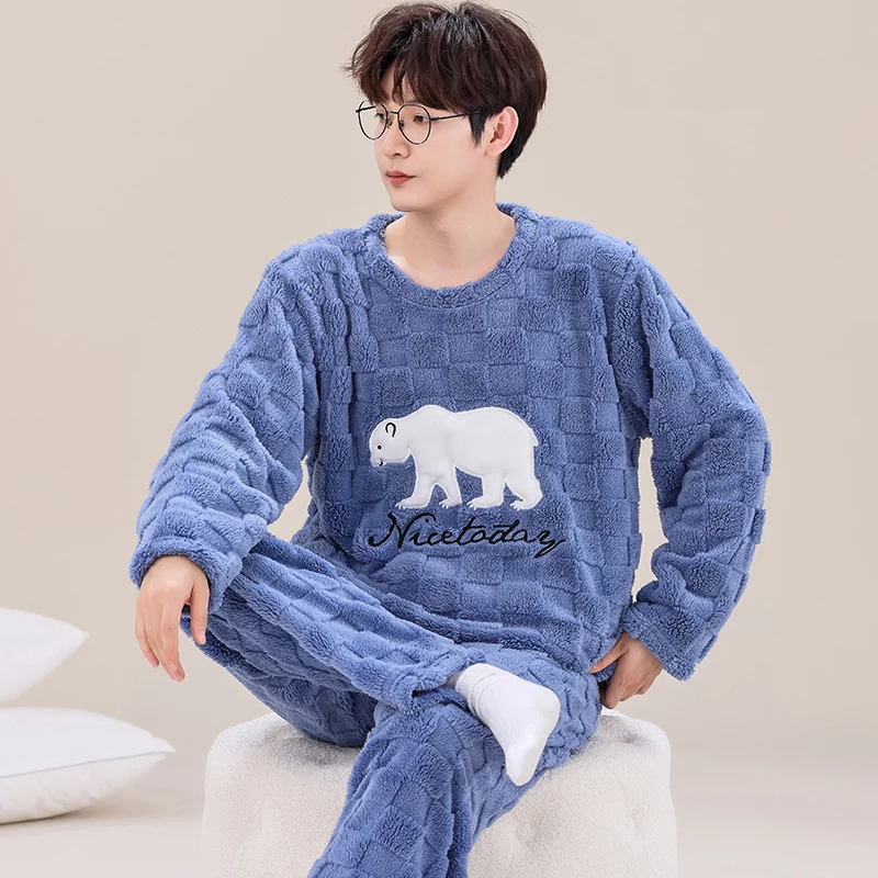 2 Pieces Set Winter Warm Homewear For Male Flannel Pajamas Set Young Men Casual Loungewear