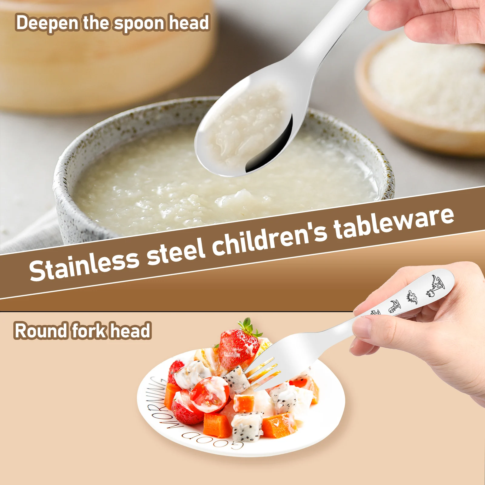 10Pcs Stainless Steel Toddler Utensils Set Cartoon Dinosaur Kid Silverware Set Mirror Polished Child Fork and Spoon Kit