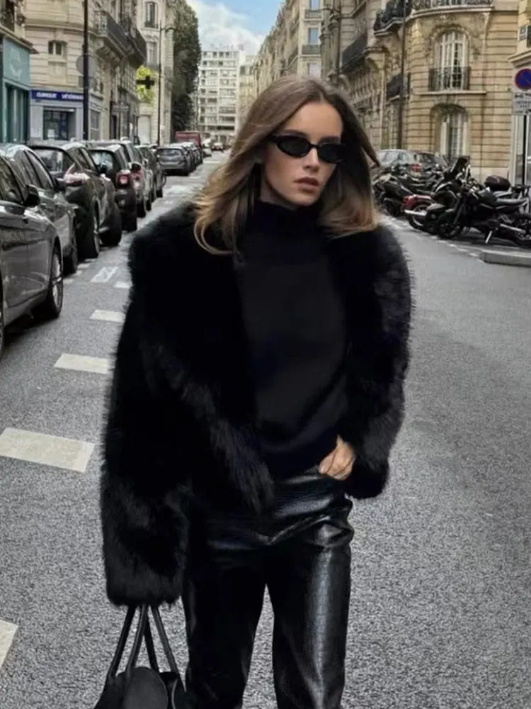 TRAF 2024 Winter Faux Fur Cropped Jacket Woman Plush Coat For Women Warm Jackets Fashion Women\'s New In Outerwears