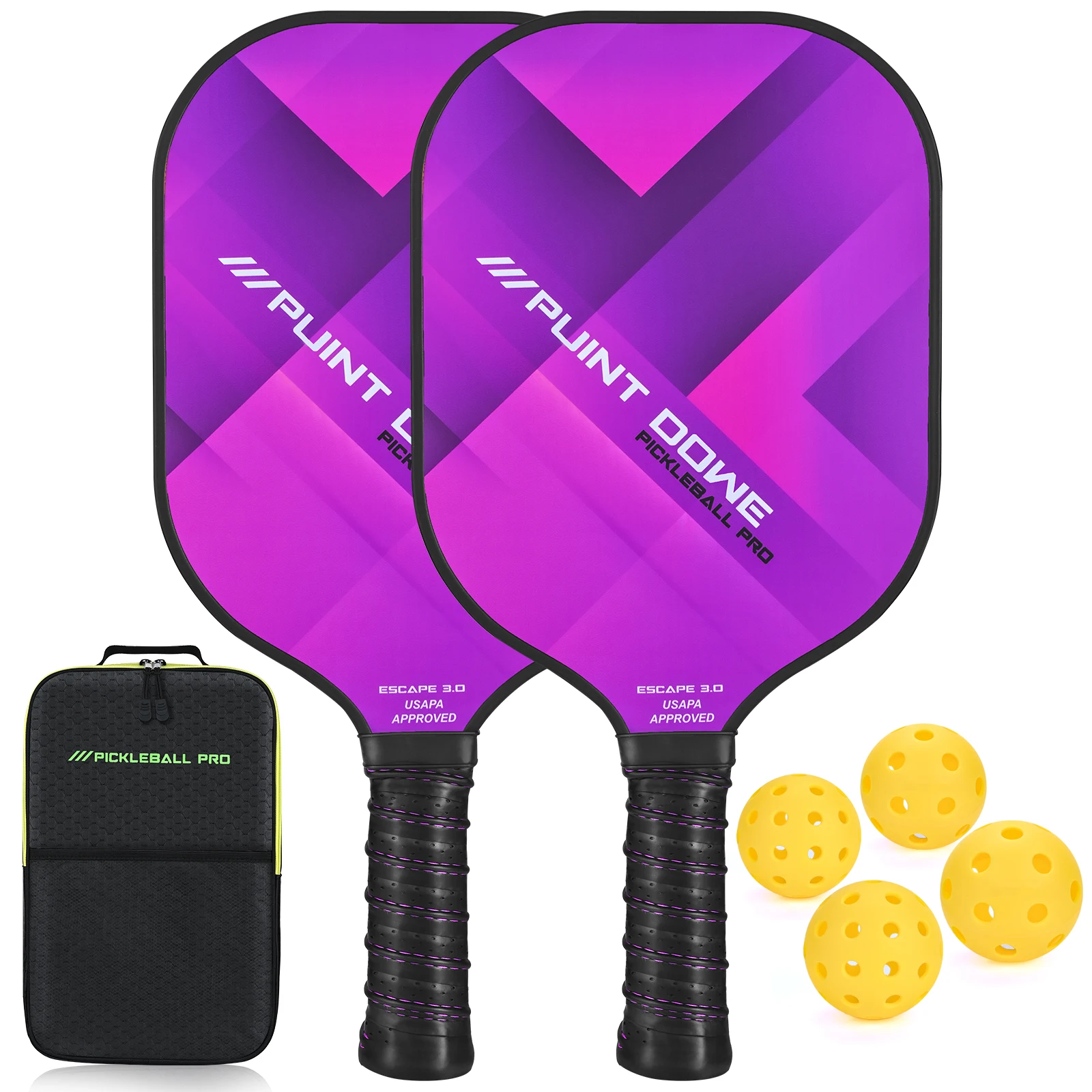 Pickleball Paddles Set Of 2 - USAPA Approved Graphite & Fiberglass With 4 Balls & Bag