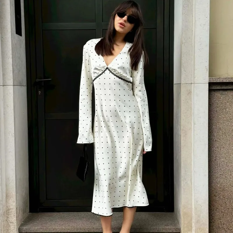 Talenza Elegantes Damen-Satinkleid Modisches Polka-Dot-Muster Spitzen-Patchwork Vintage Maxikleid Luxuriöses Neues Damen-Freizeitkleid