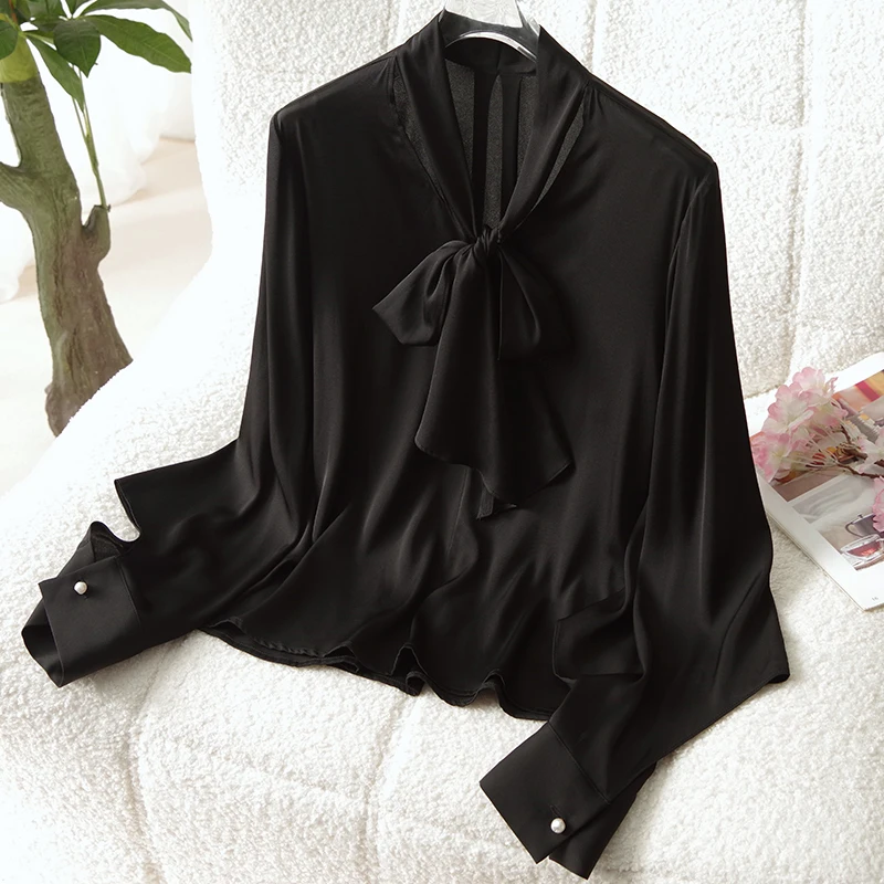

Real Silk Women's Black White Shirt 2024 Spring Elegant Shirts Fashion Blouses For Women Long Sleeve Office Lady Bow Blouse Tops