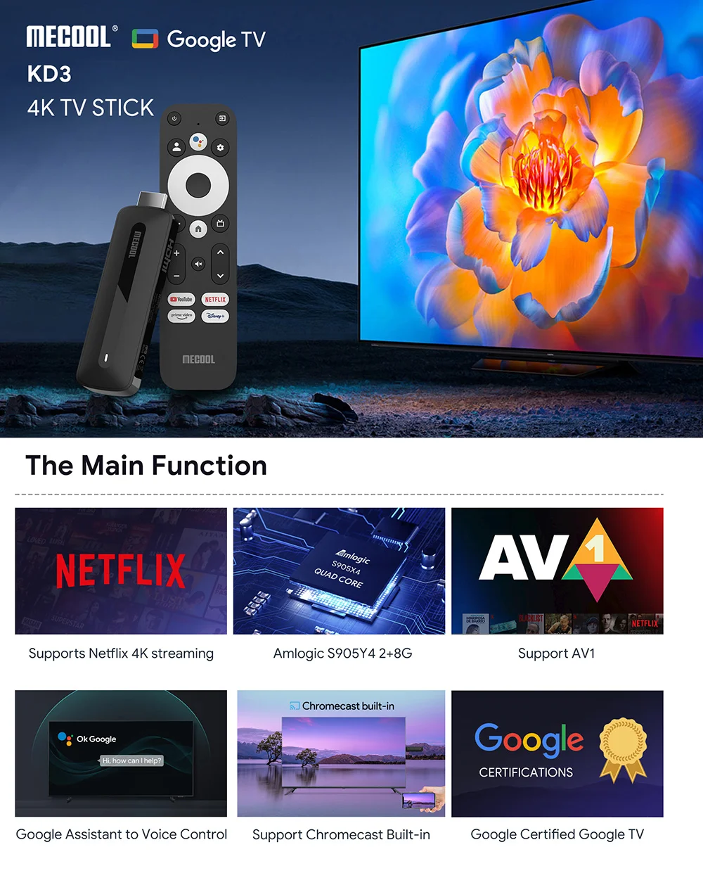 Mecool KD3 TV Stick Amlogic S905Y4 TV Box Android 11 2GB 8GB Netflix Google Certified Voice Support AV1 HDR10 2.4G&5G Wifi BT5.0 best tv sticks