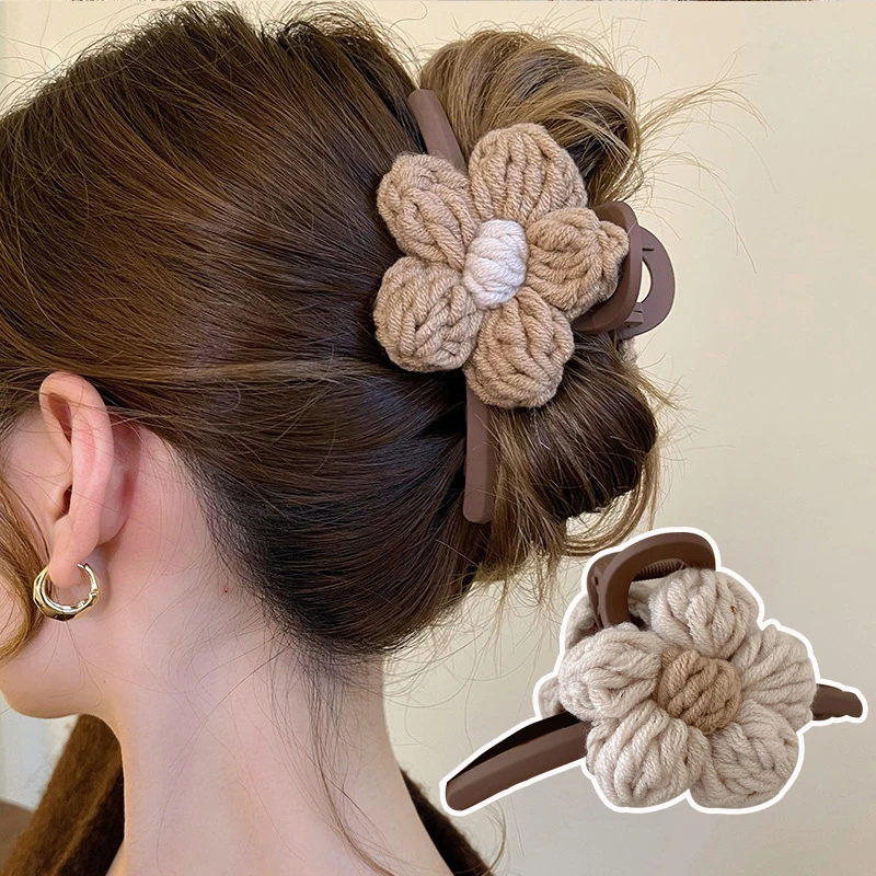 

Wool Flower Hair Claw 2 Side Girl Shark Clip Headwear Crochet Floral Catch Clip Hair Accessories Knitting Weave Ponytail Clip